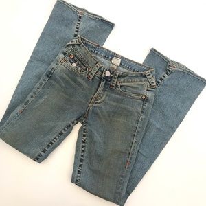 True Religion Light Wash Boot Cut Distressed Jeans